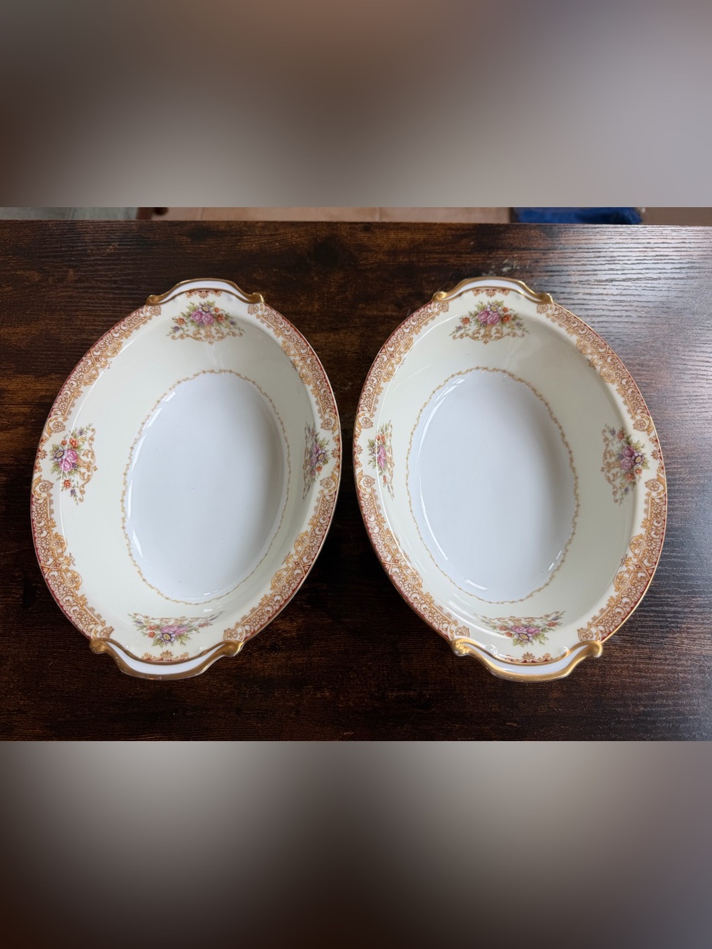 TWO 10.5”x7.5” Oval Vegetable Bowls Noritake 968 Green & Gold
